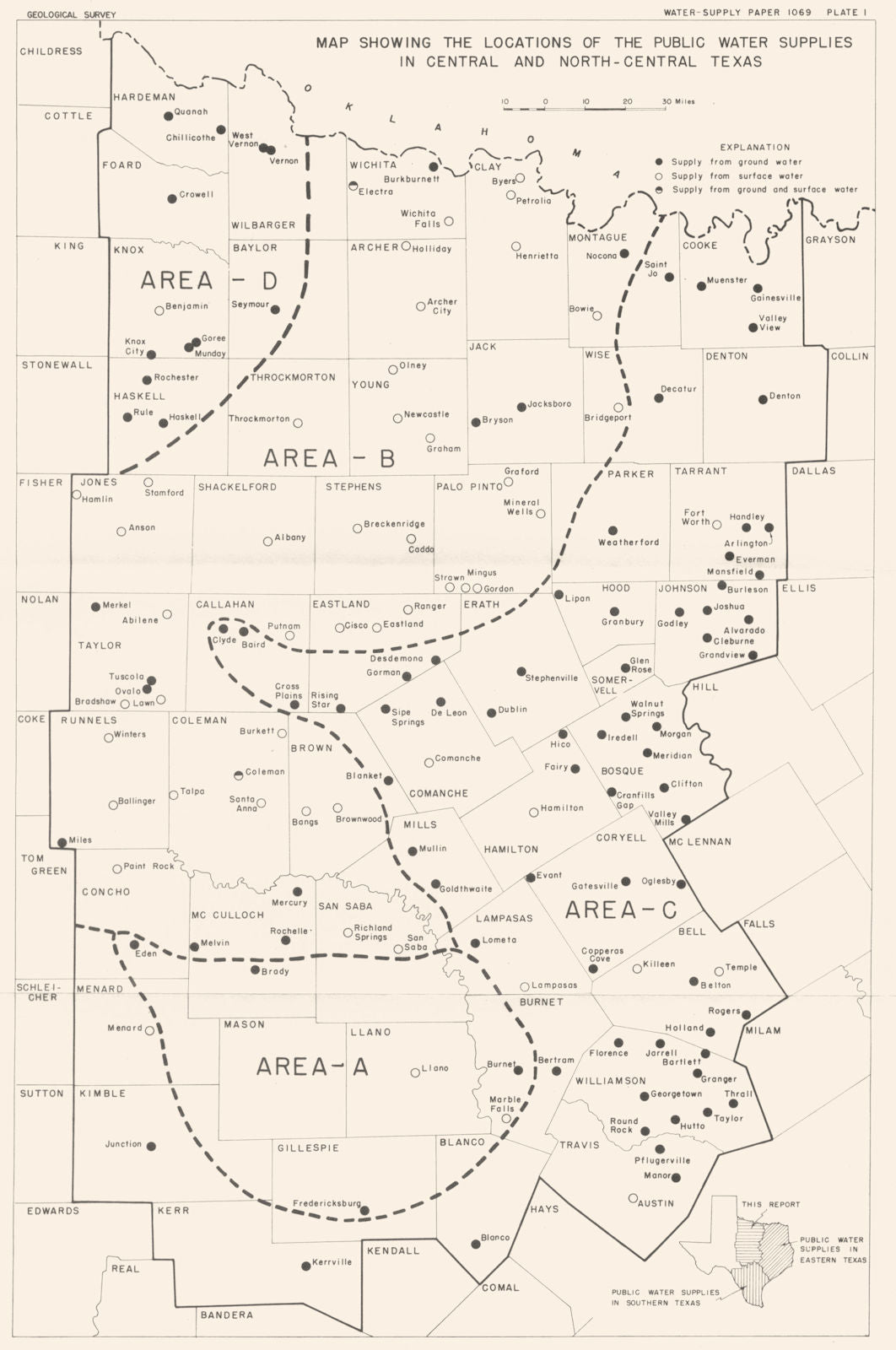 TEXAS. public water supplies in Central and North-Central Texas 1944 old map
